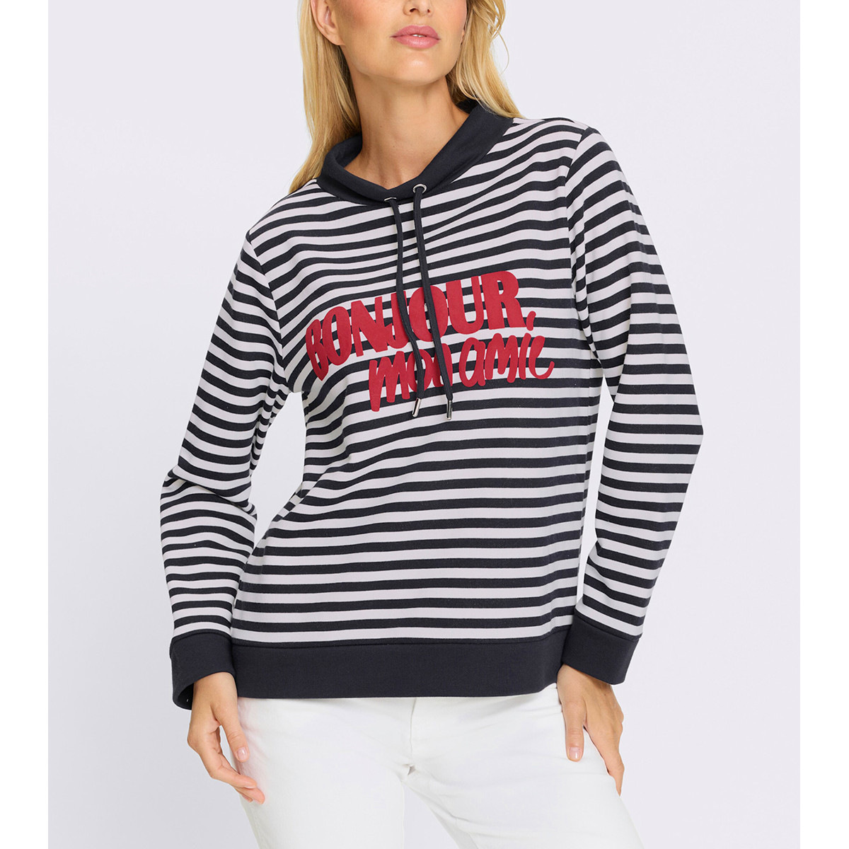 Sweatshirt m. Ringelmuster ecru-marine-bedruckt
