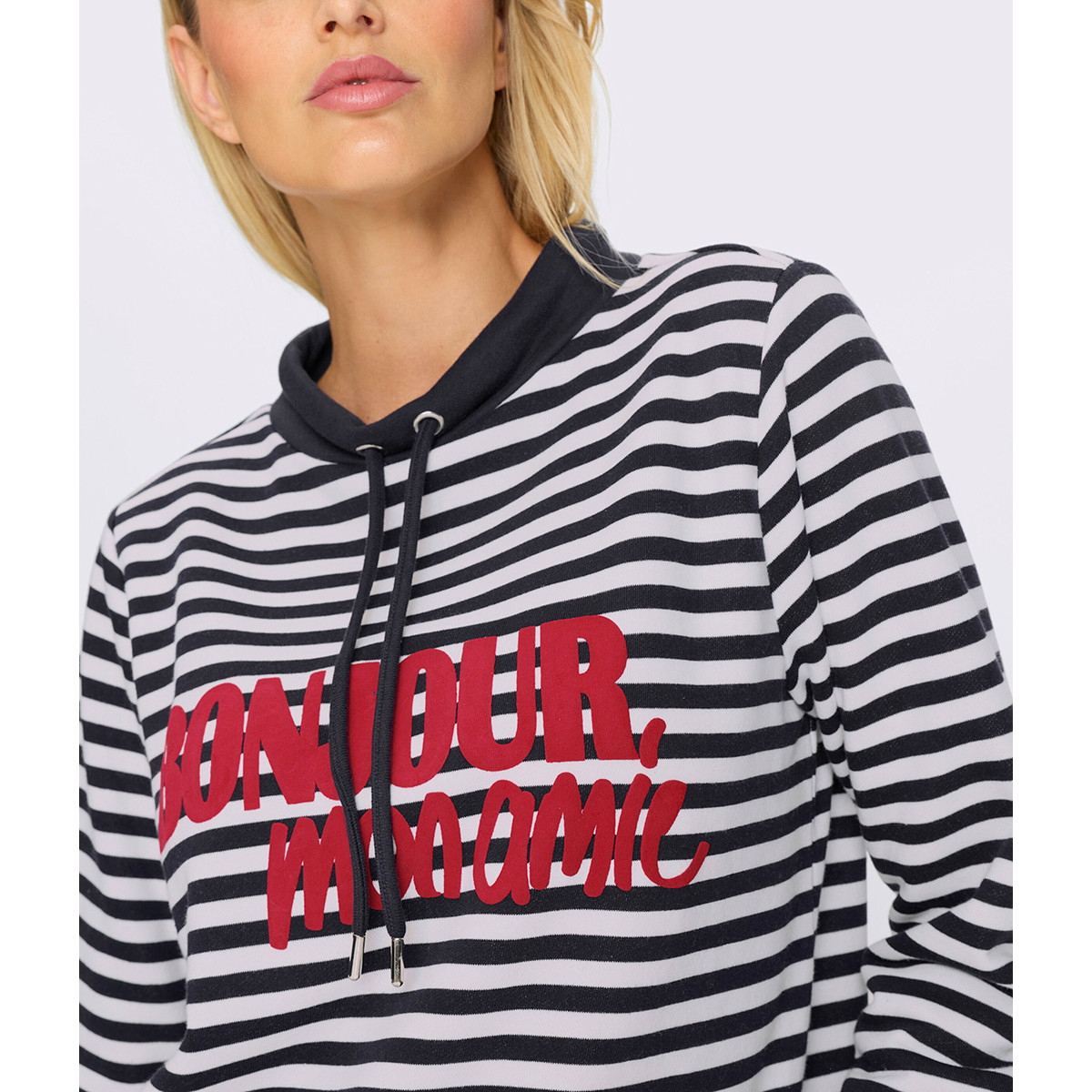 Sweatshirt m. Ringelmuster ecru-marine-bedruckt